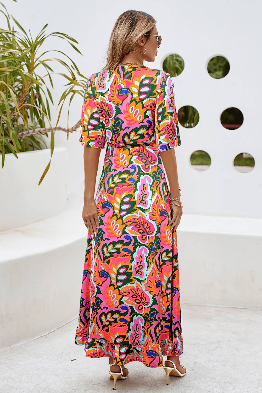 Paisley Ruffled Asymmetric Wrap Dress