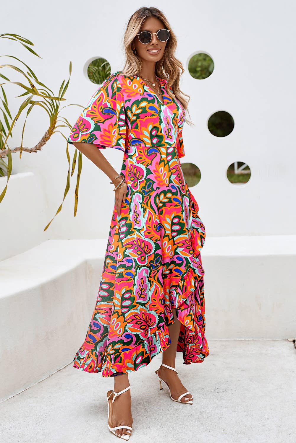 Paisley Ruffled Asymmetric Wrap Dress