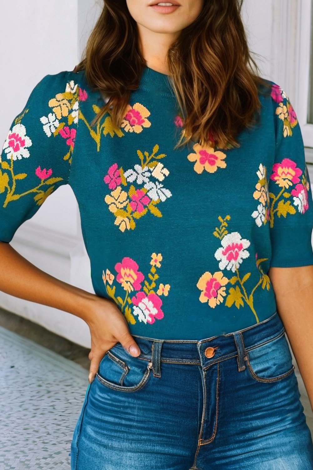 Madison Flower Pattern Knit Short Sleeve Top