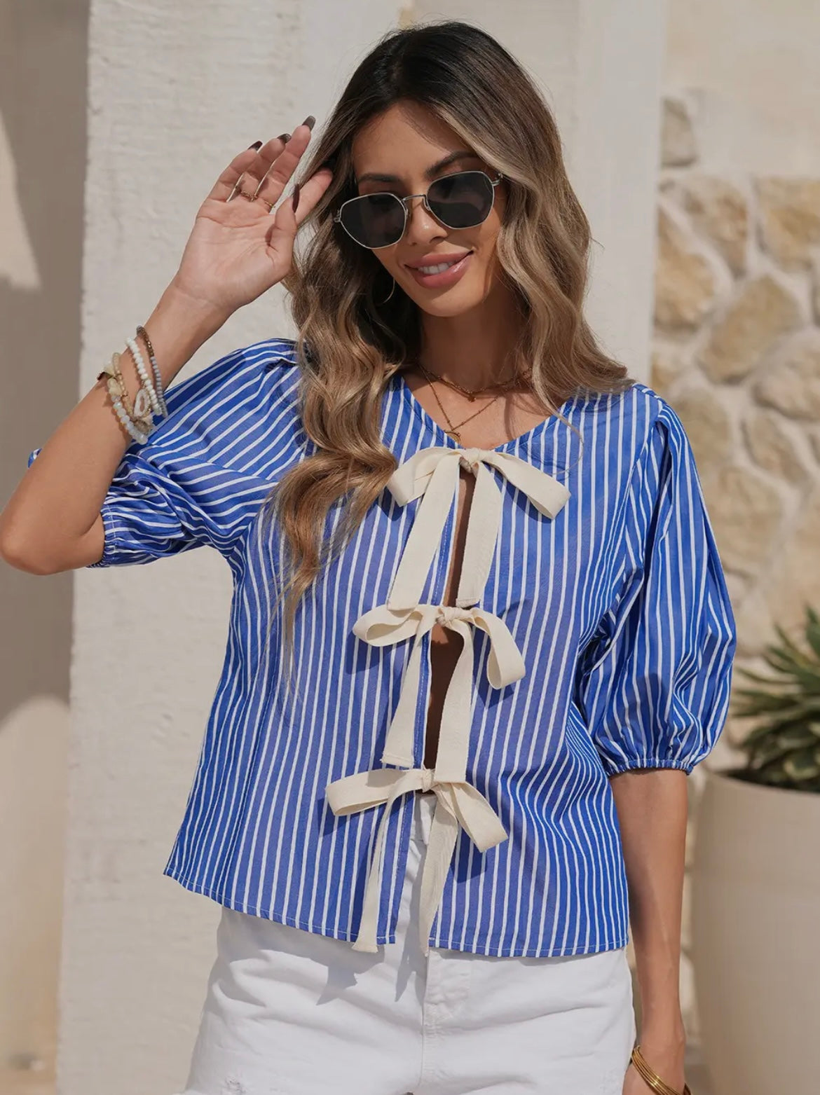 Daphne Stripe Knotted Bow Front Blouse
