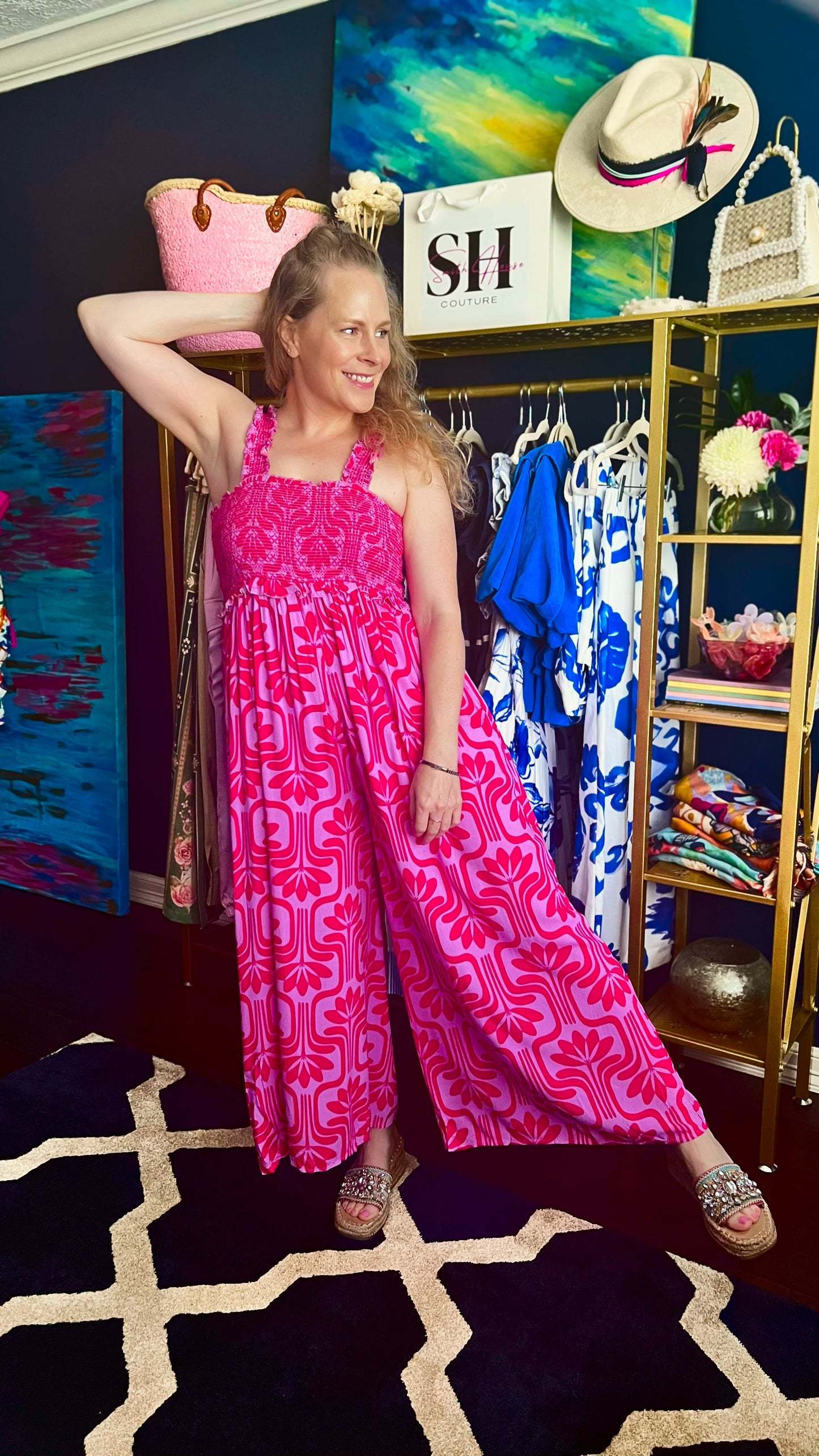 Clearance Blair Pink Floral Smocked Jumpsuit- large