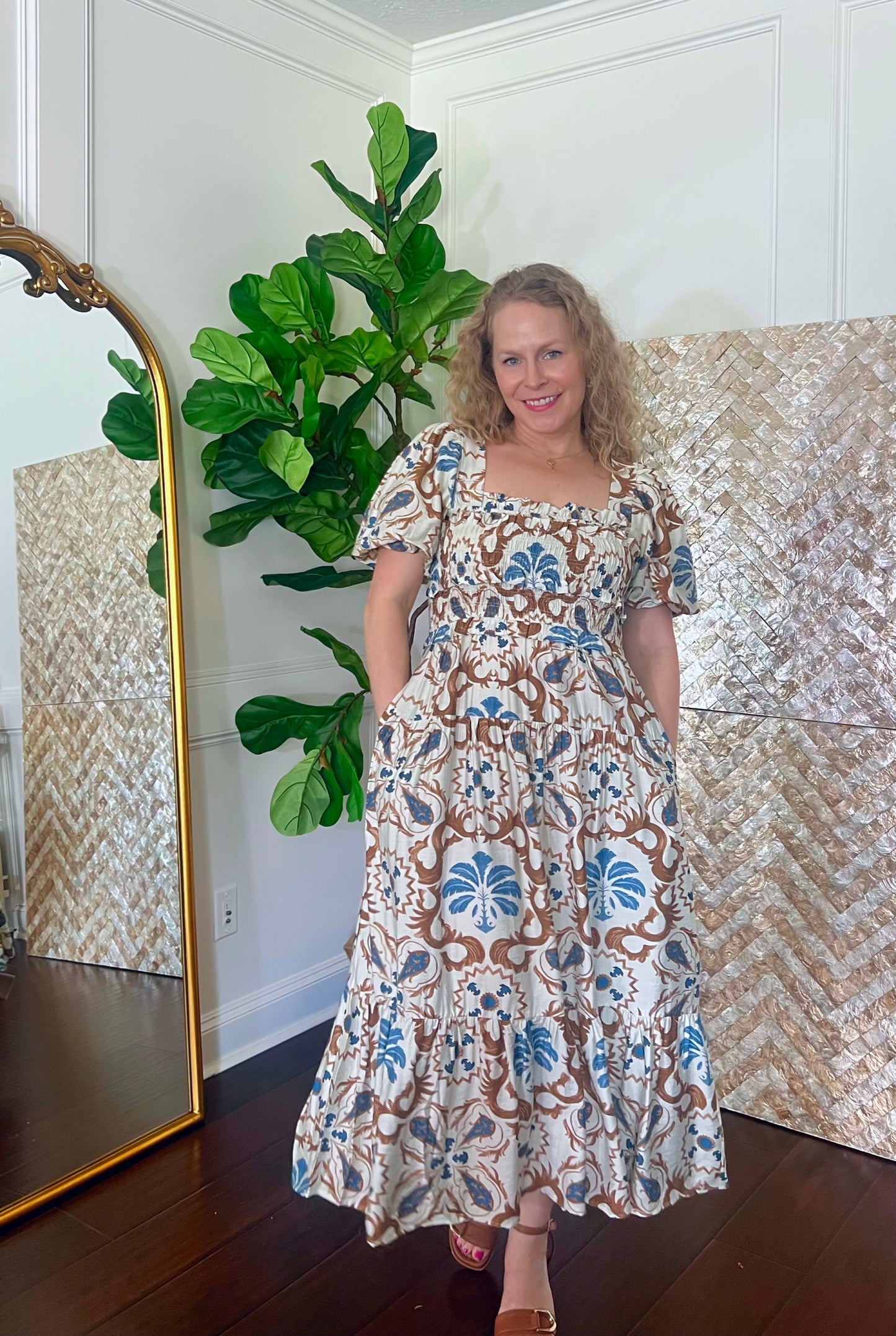 Sabrina Boho Tile Print Midi Dress