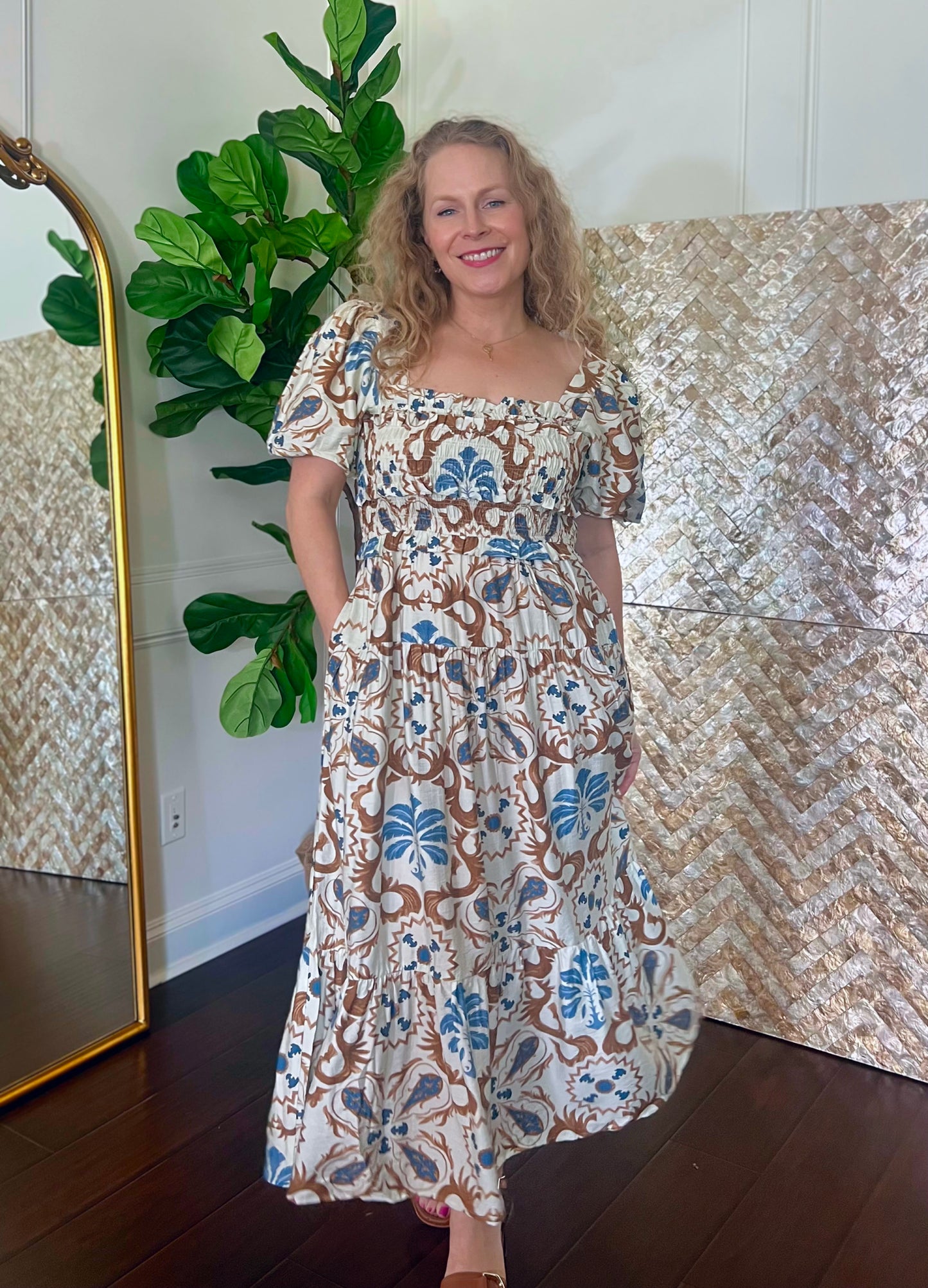 Sabrina Boho Tile Print Midi Dress