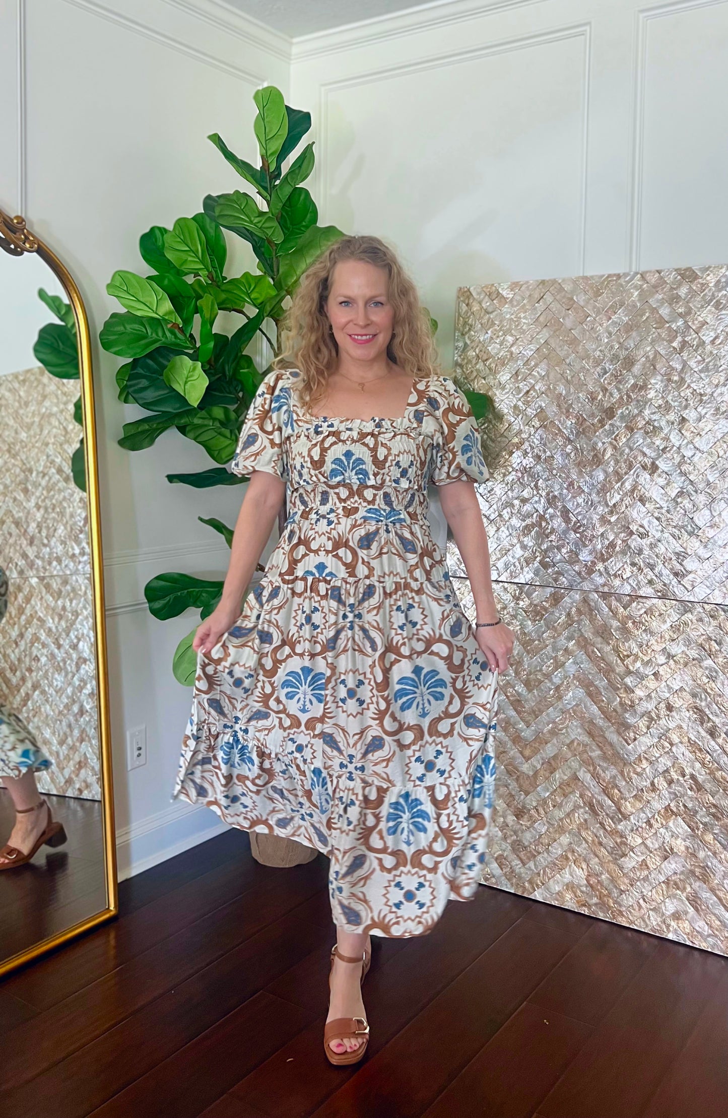 Sabrina Boho Tile Print Midi Dress