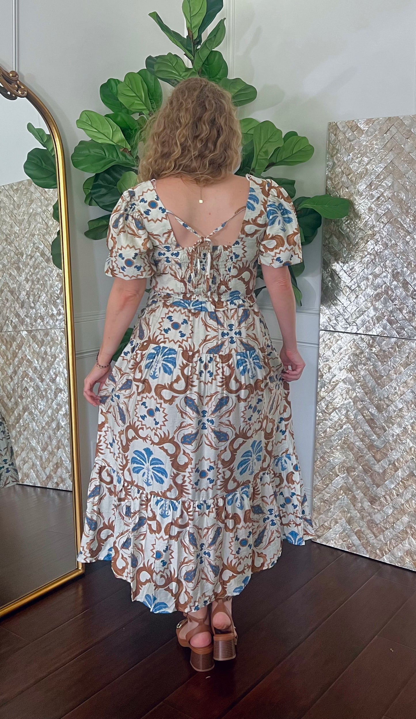 Sabrina Boho Tile Print Midi Dress