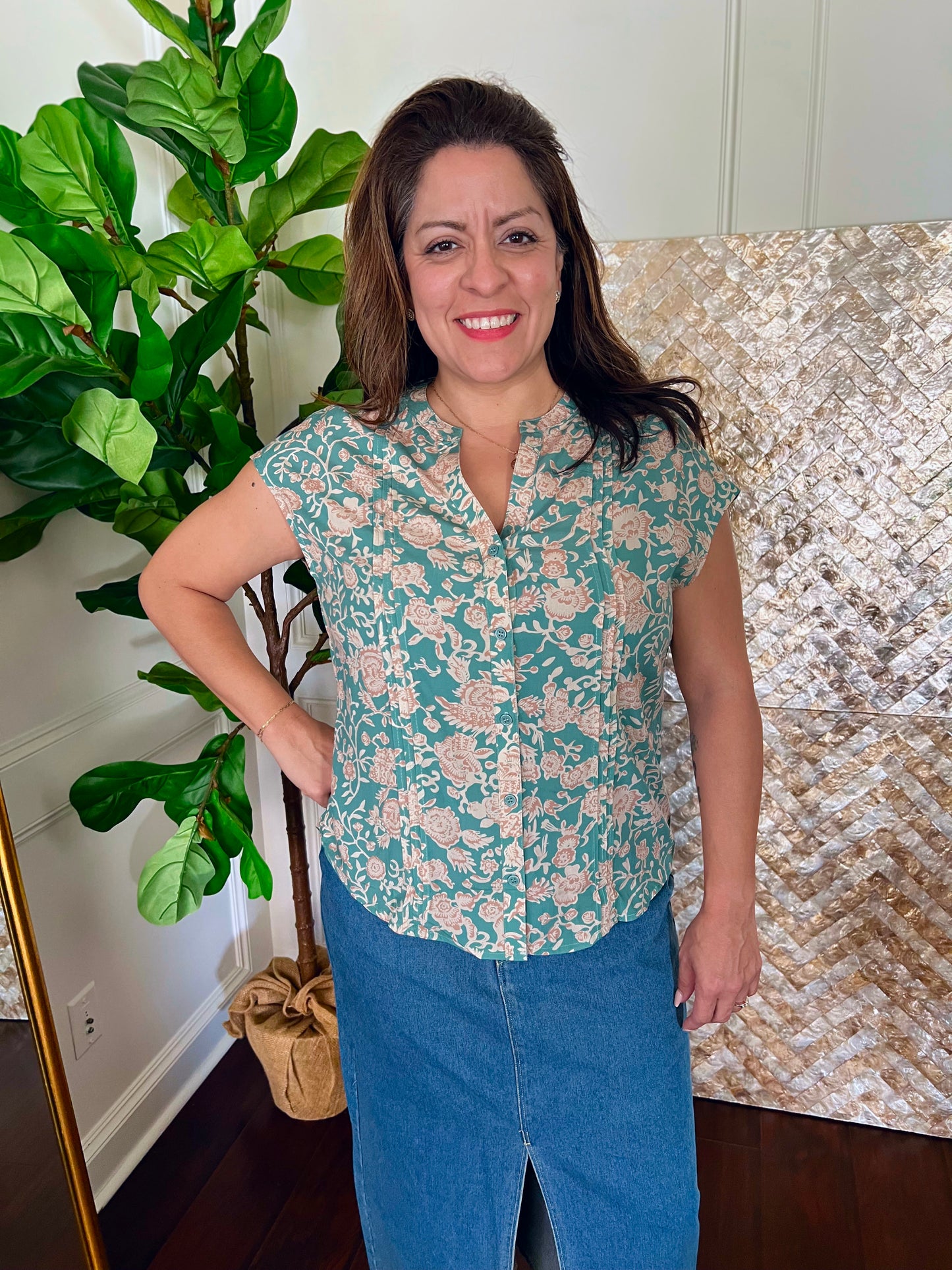 Janie Floral Print Pleated Buttoned V Neck Blouse