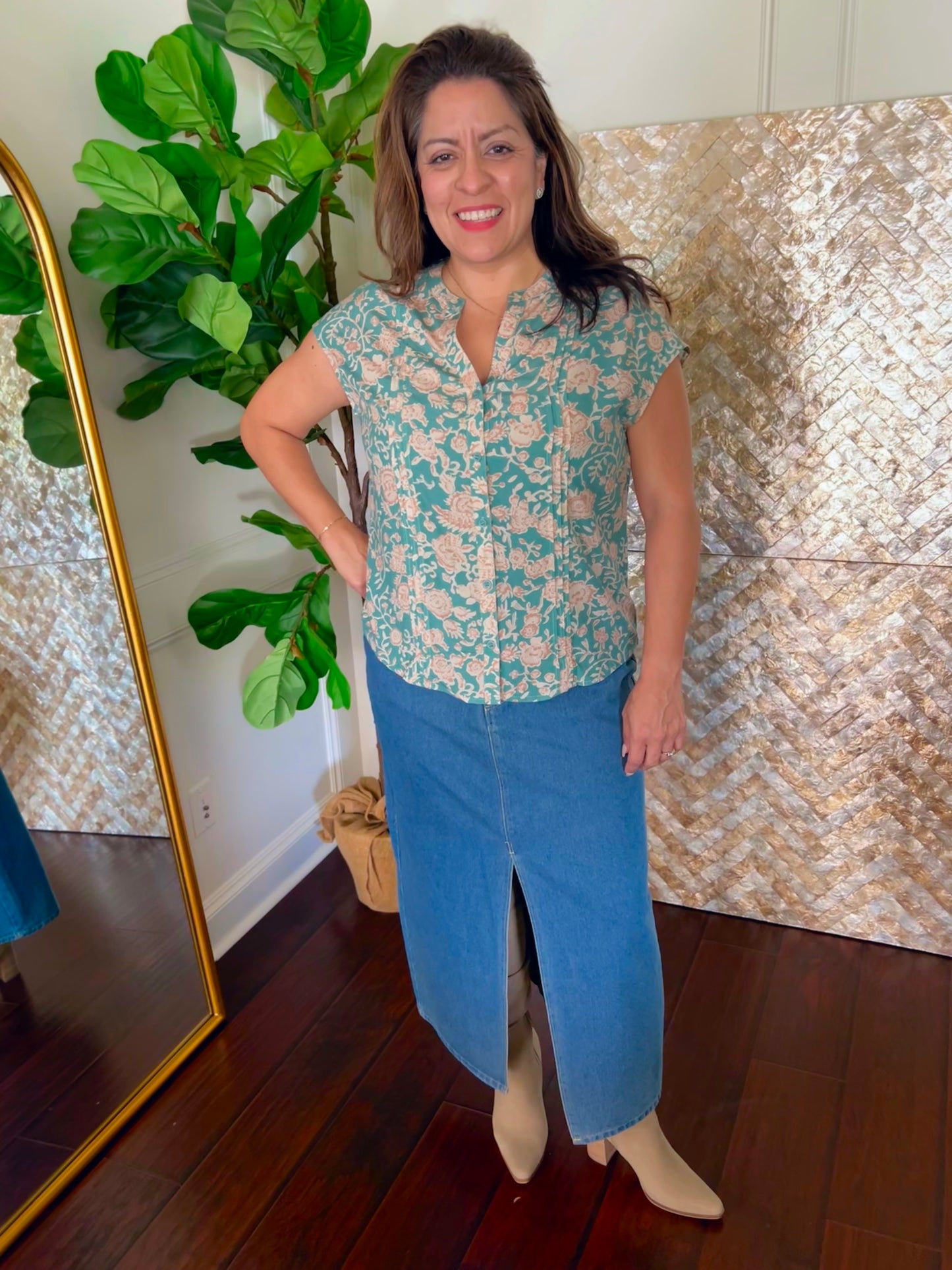 Janie Floral Print Pleated Buttoned V Neck Blouse