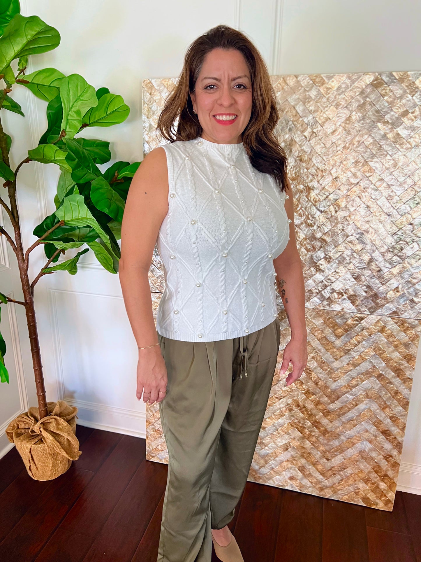 Laurel Pearled High Neck Textured Knit Sweater Vest
