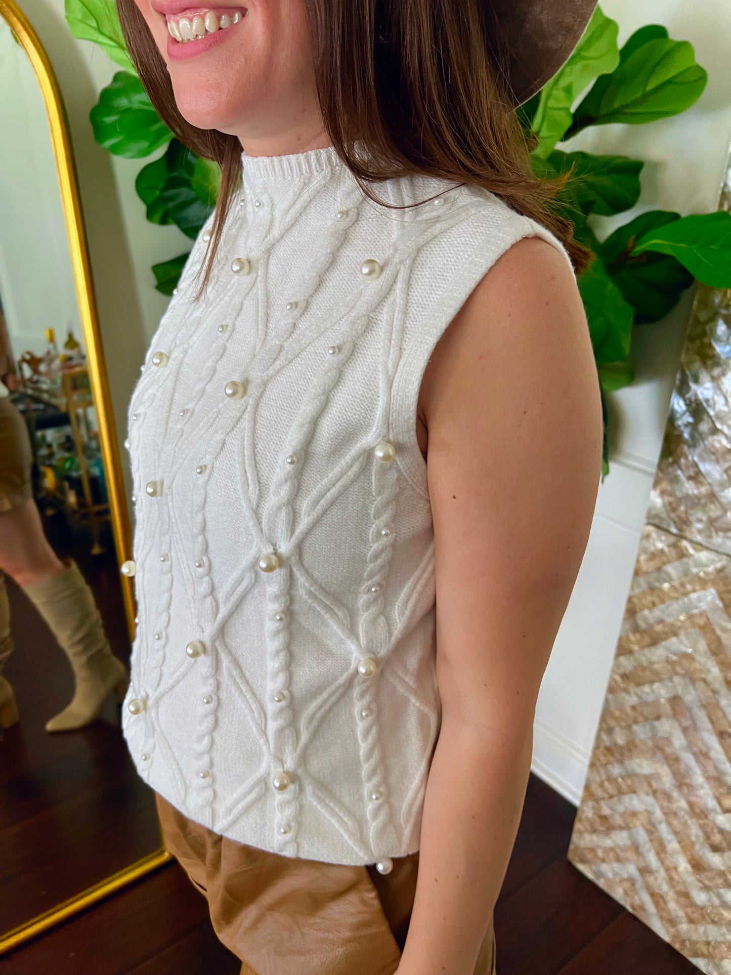 Laurel Pearled High Neck Textured Knit Sweater Vest