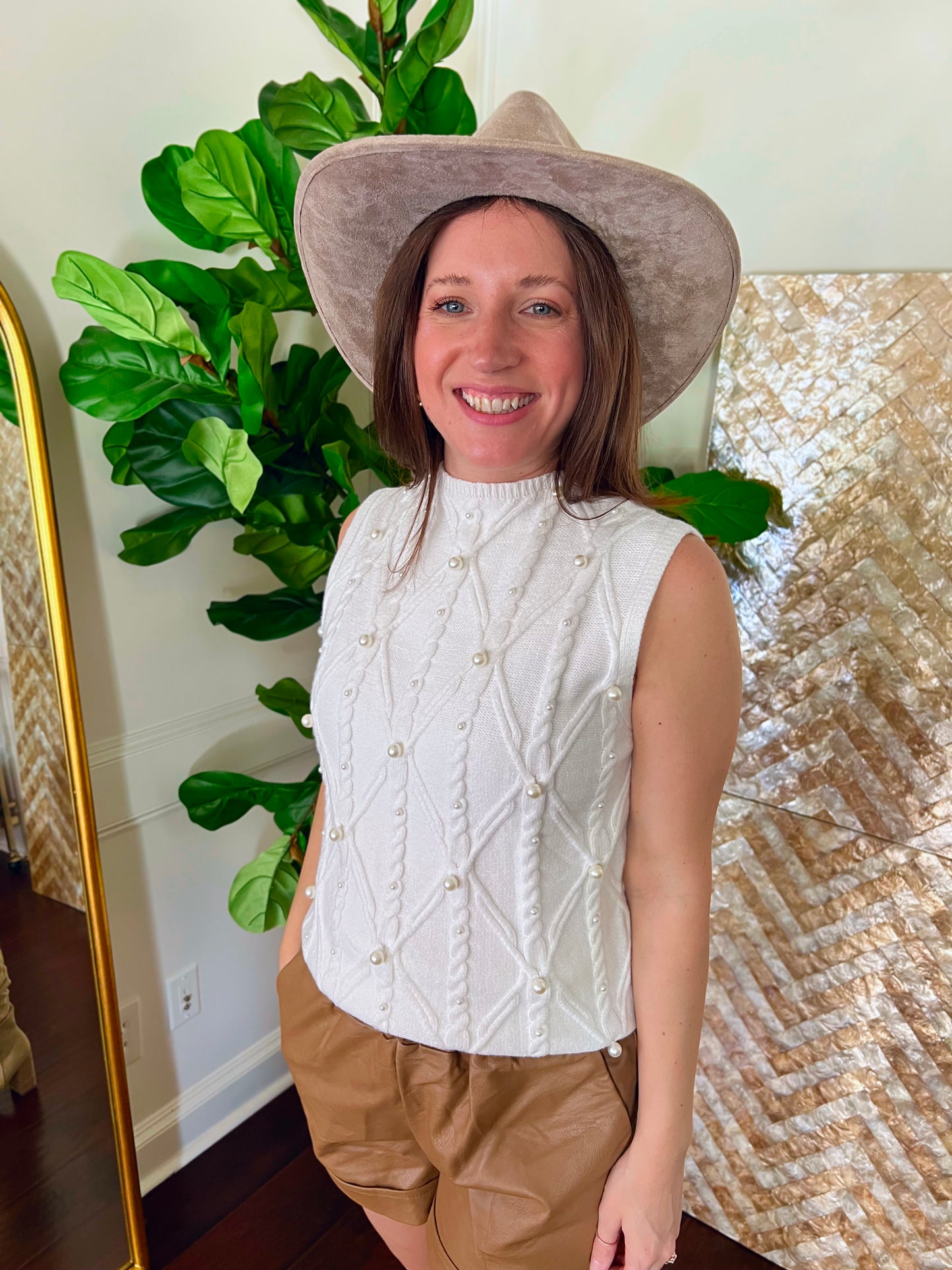 Laurel Pearled High Neck Textured Knit Sweater Vest