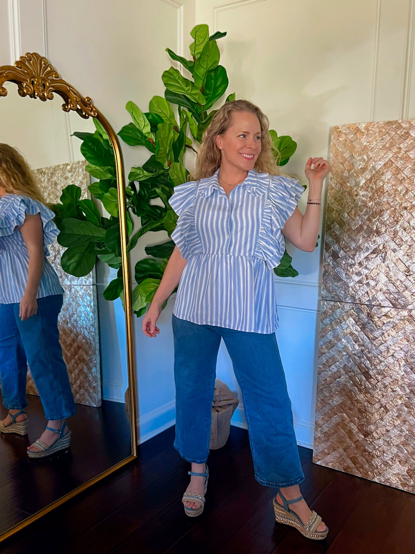 Clearance Amanda Button ruffle striped blouse