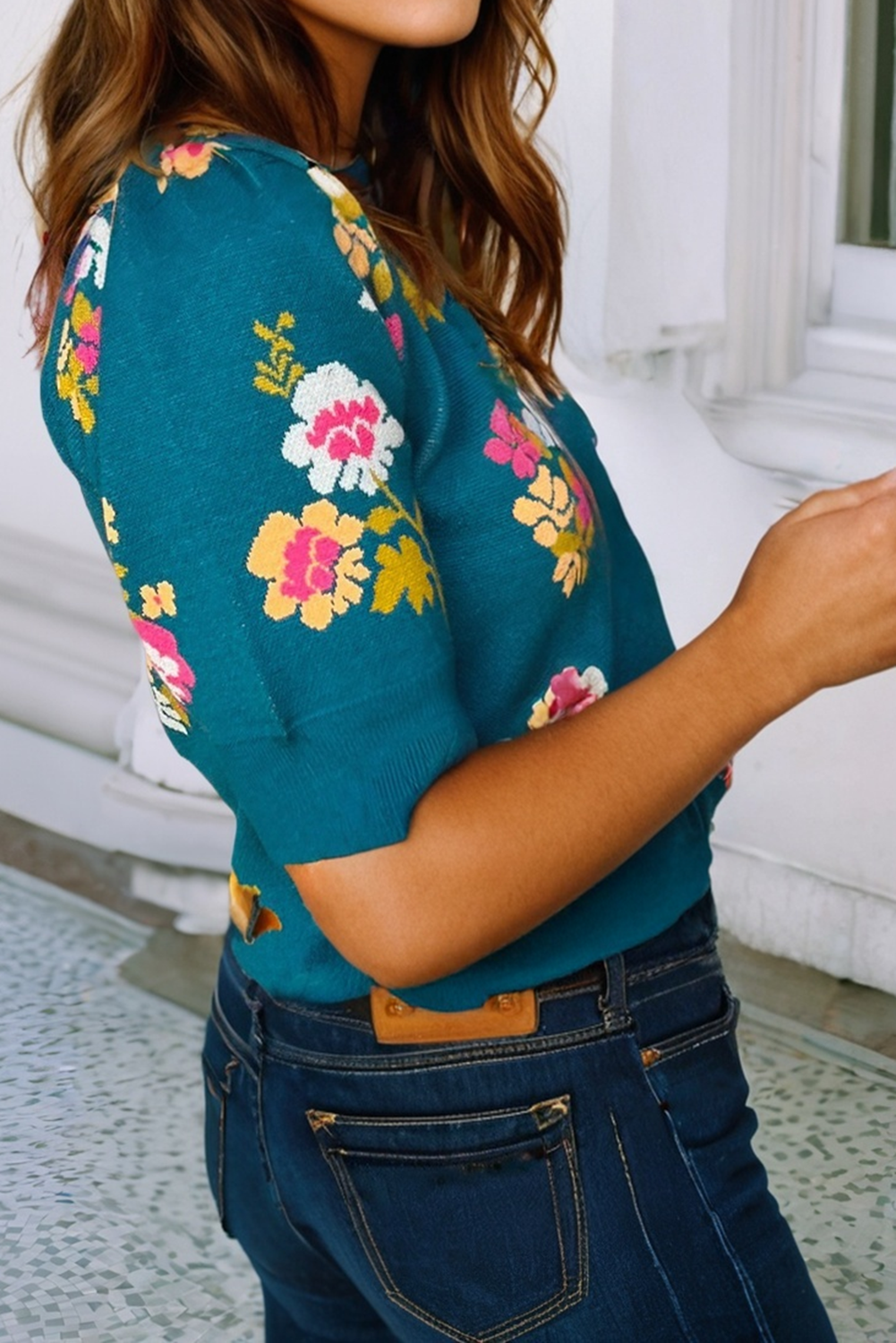 Madison Flower Pattern Knit Short Sleeve Top