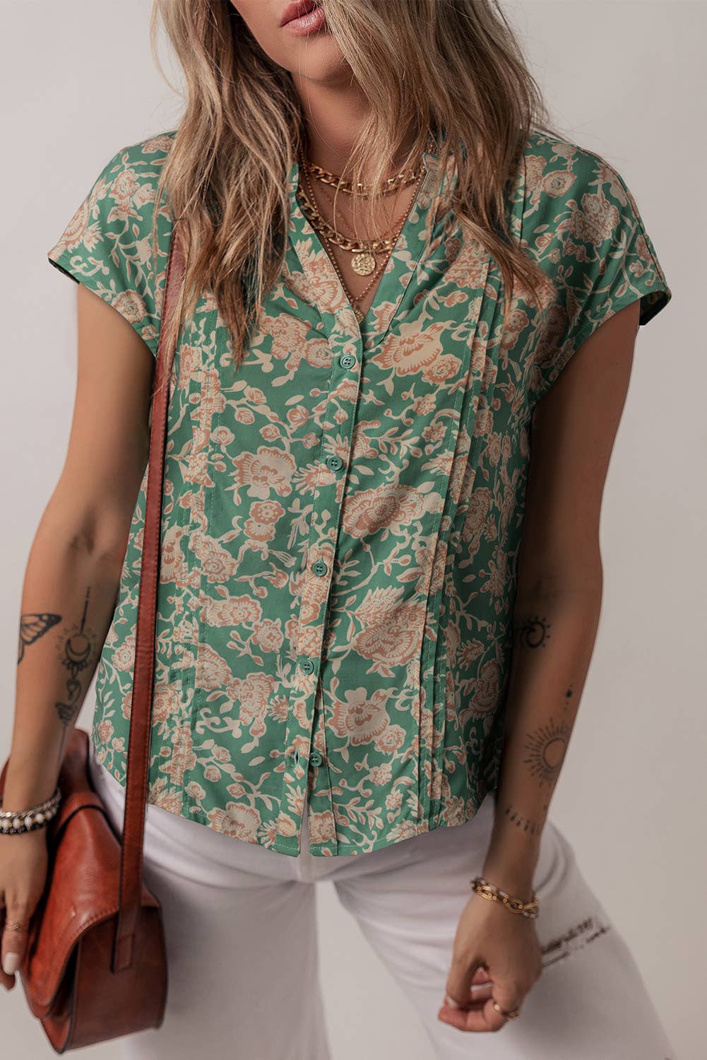 Janie Floral Print Pleated Buttoned V Neck Blouse