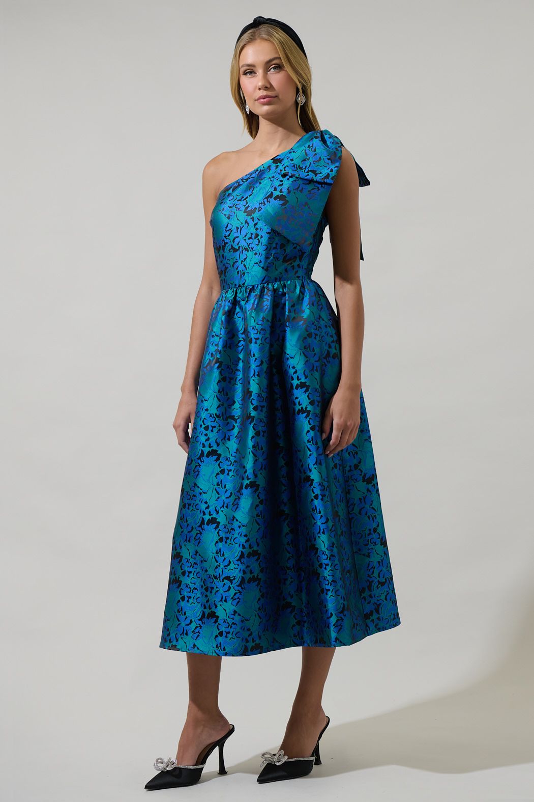 Clearance Farrah Jacquard Floral Miley Bow Midi Dress X-Small