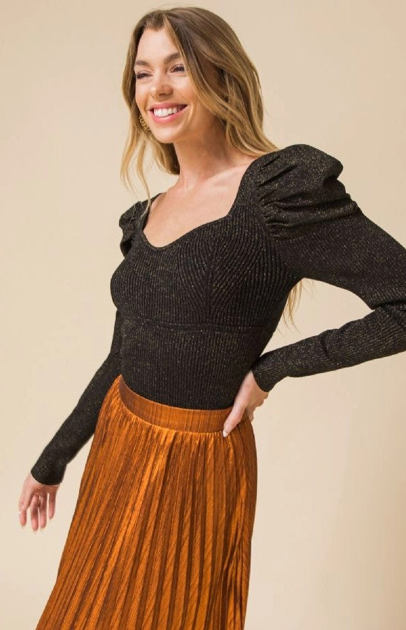 brown metallic puff sweater