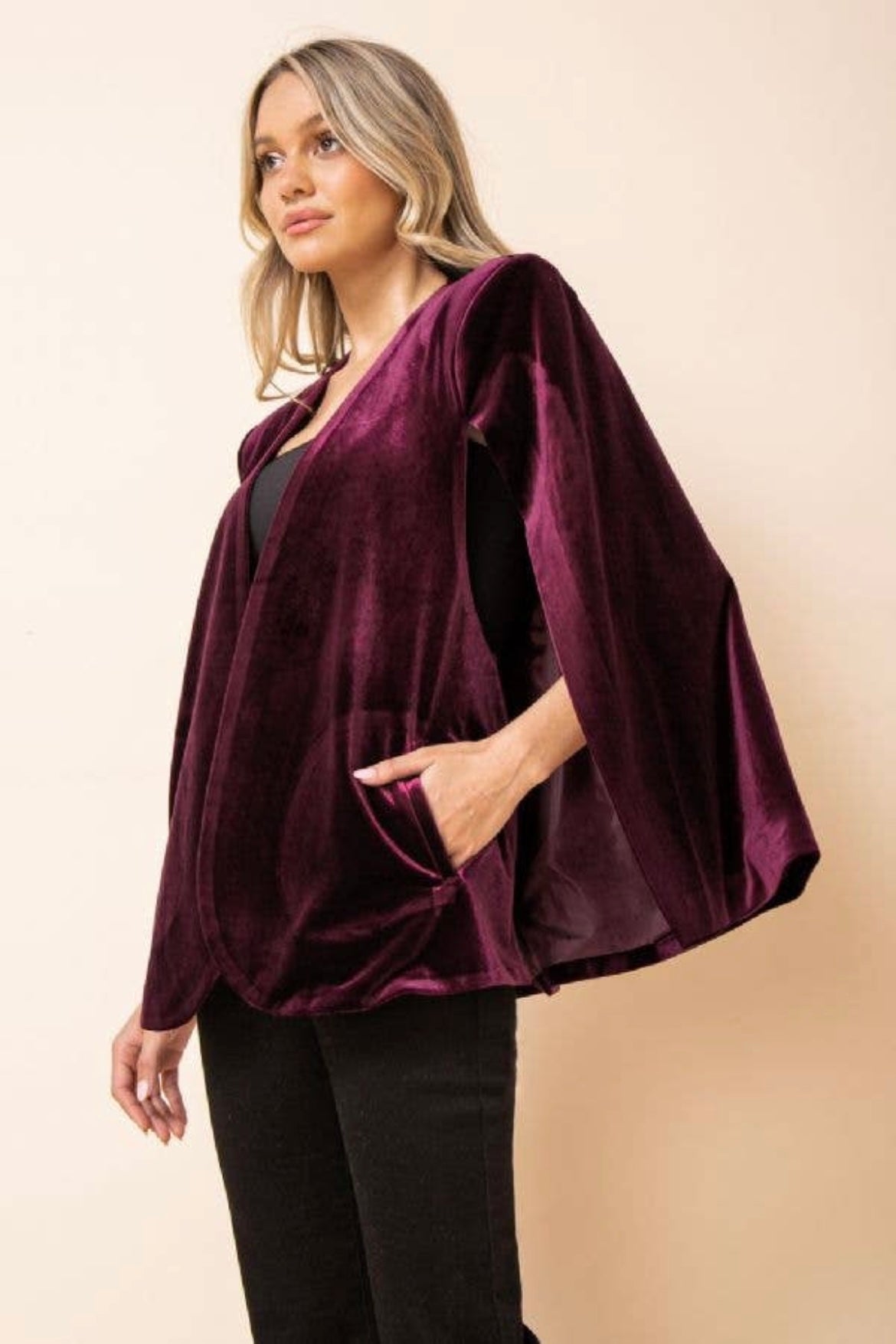 Clearance Kari Velvet Cape Jacket- Wine Medium and large