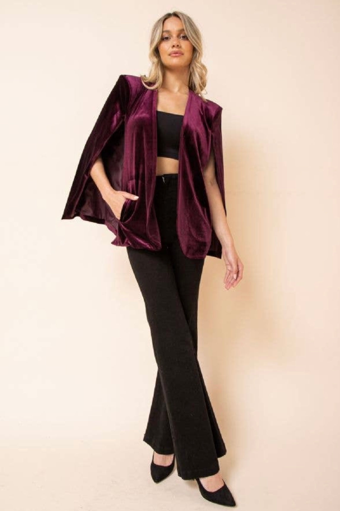 Clearance Kari Velvet Cape Jacket- Wine Medium and large