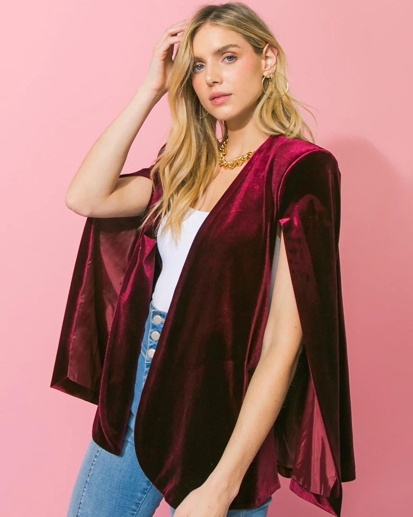 Clearance Kari Velvet Cape Jacket- Wine Medium and large