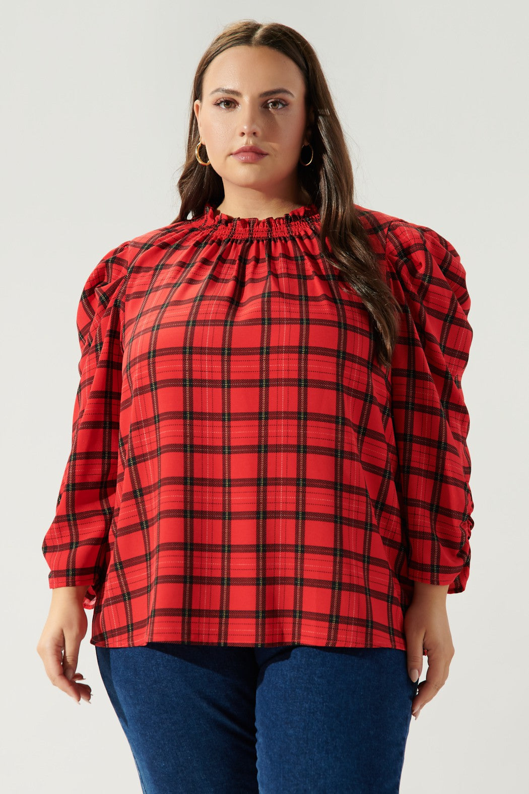 red plus sized plaid ruffle top