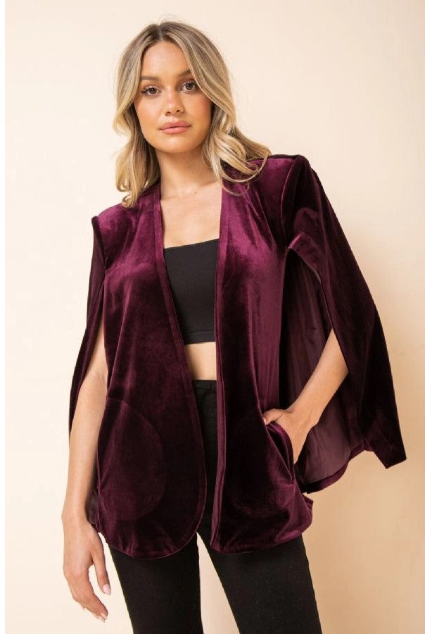 Clearance Kari Velvet Cape Jacket- Wine Medium and large