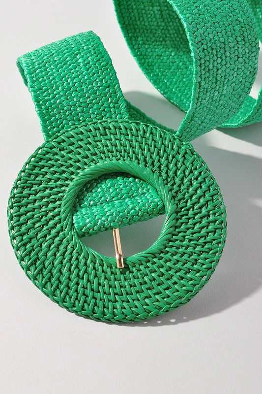 Rattan Round Buckle Stretch Belt - Green