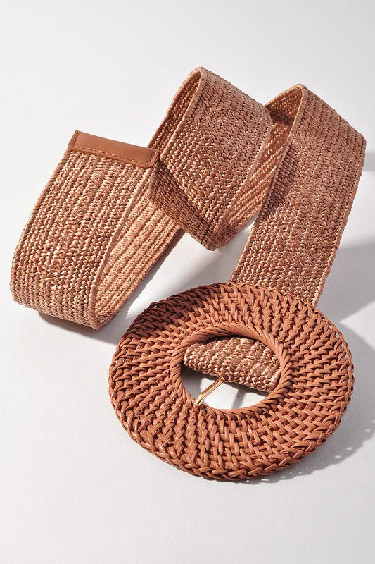 Rattan Round Buckle Stretch Belt ( Mocha)