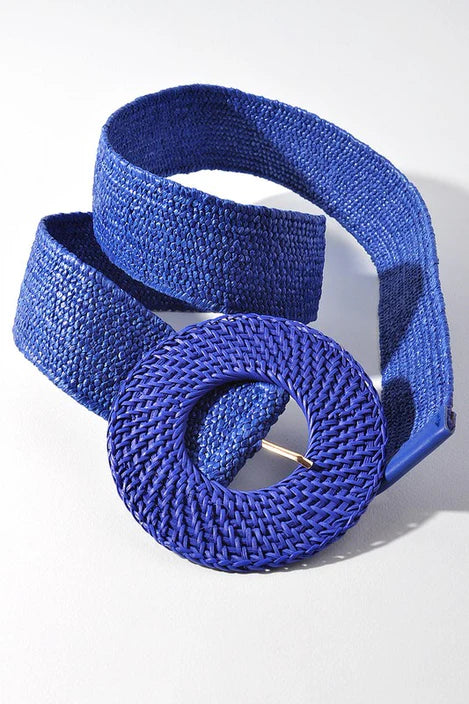 Rattan Round Buckle Stretch Belt - Blue