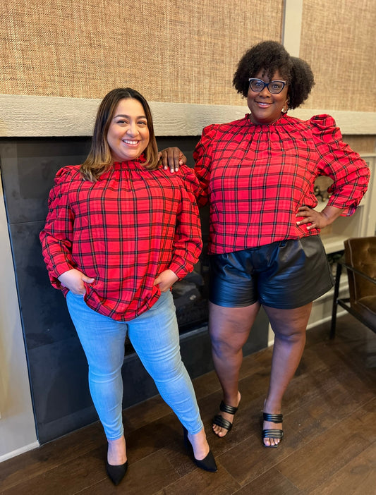 Blake Red Plaid Drape Sleeve Blouse Curve