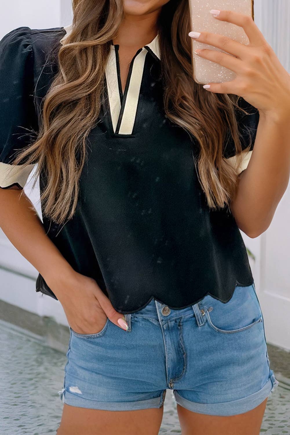 Monica Collared V Neck Puff Sleeve Blouse