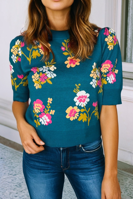 Madison Flower Pattern Knit Short Sleeve Top