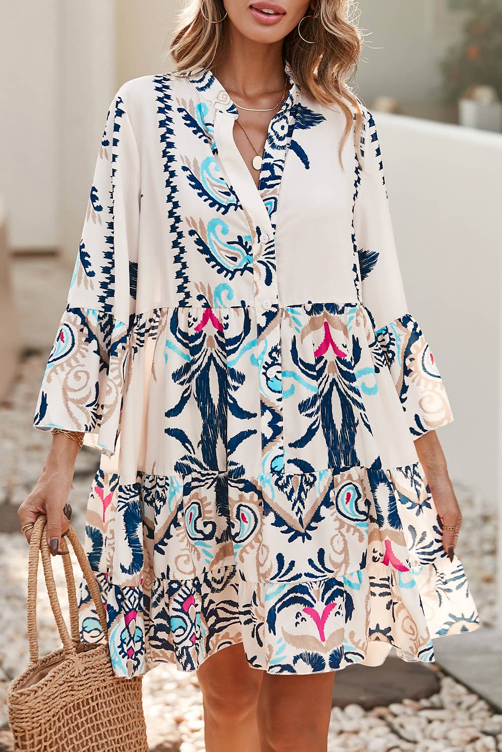 Lilah Tribal Print Buttoned Mini Dress