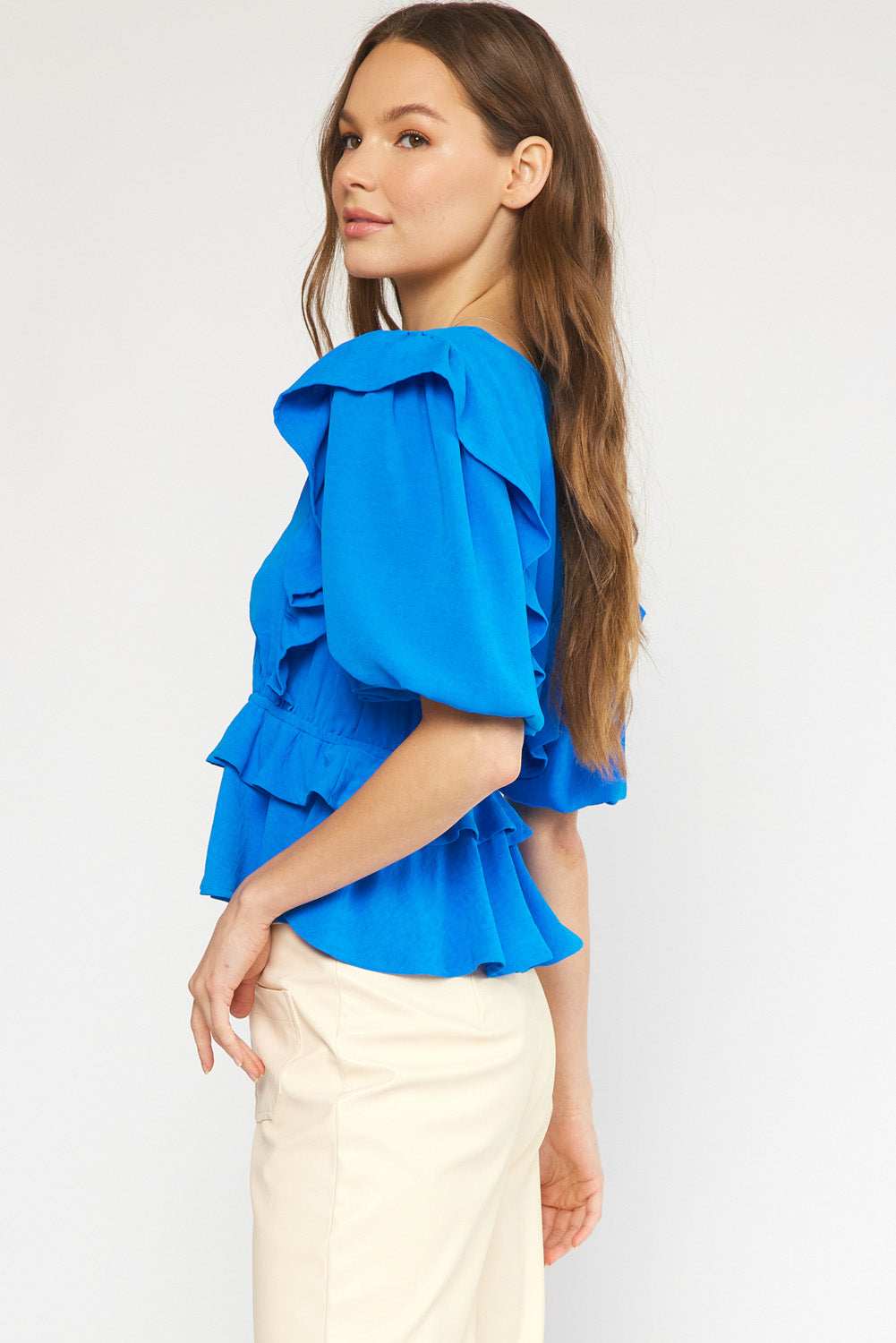 Ava ruffle sleeve peplum top blue