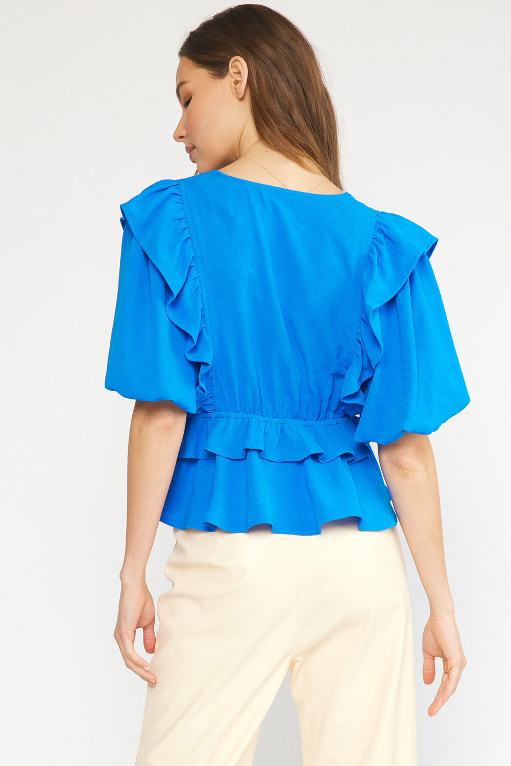 Ava ruffle sleeve peplum top blue