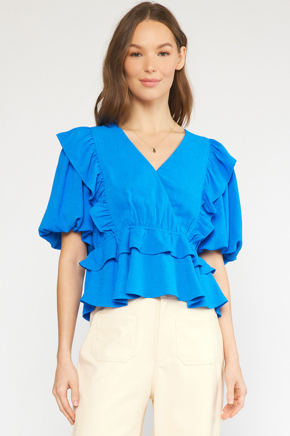 Ava ruffle sleeve peplum top blue