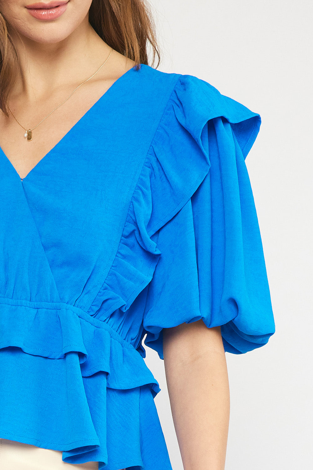 Ava ruffle sleeve peplum top blue