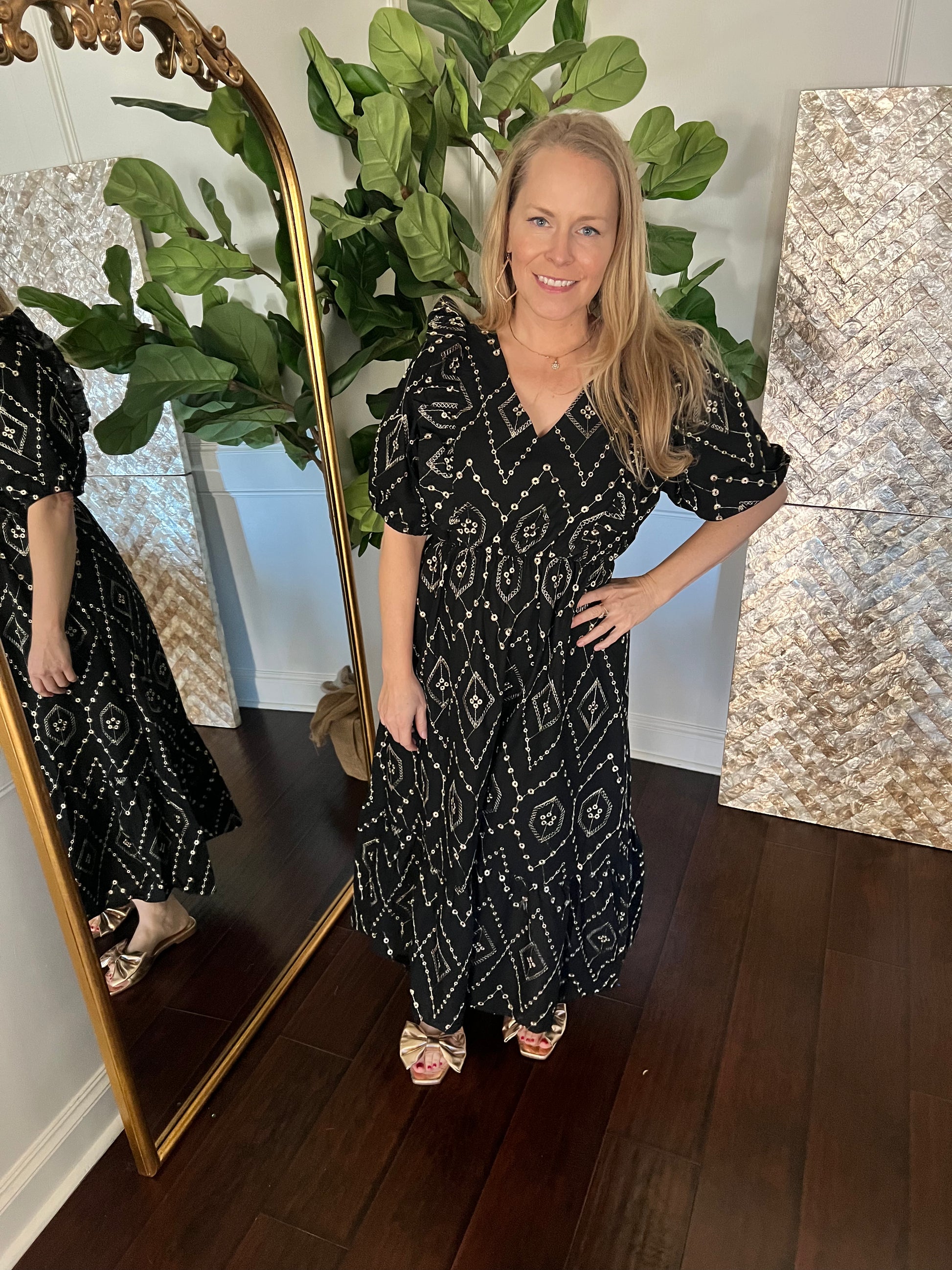 black and gold embroidered midi dress