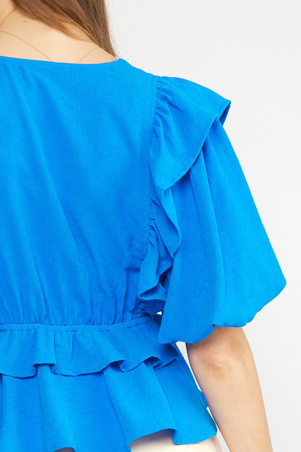 Ava ruffle sleeve peplum top blue