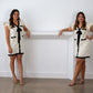 Coco Cream V Neck Ruffle Sleeve Contrast Ribbon Tweed Dress