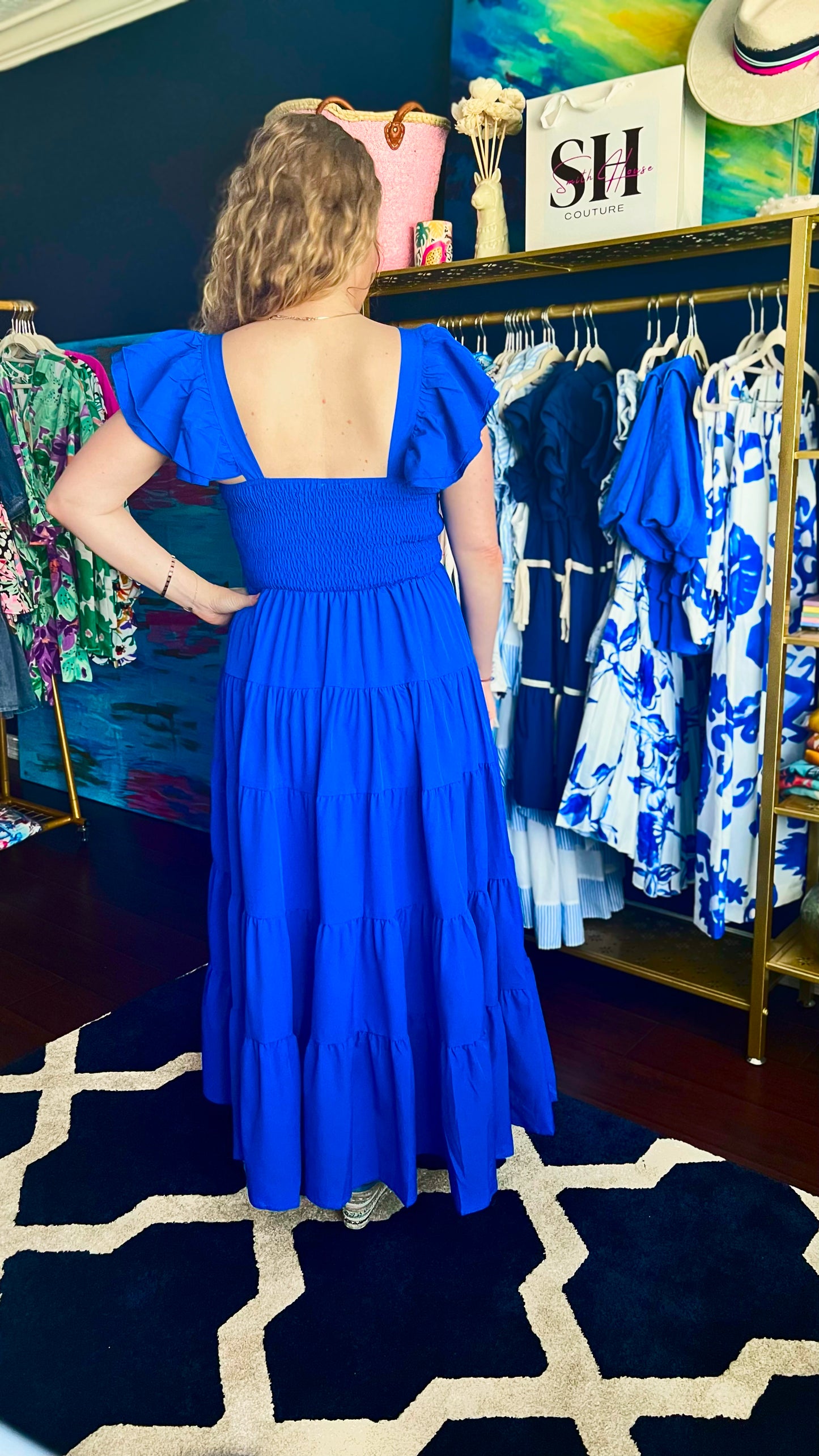Presley Blue Ruffle Sleeve Tiered Dress