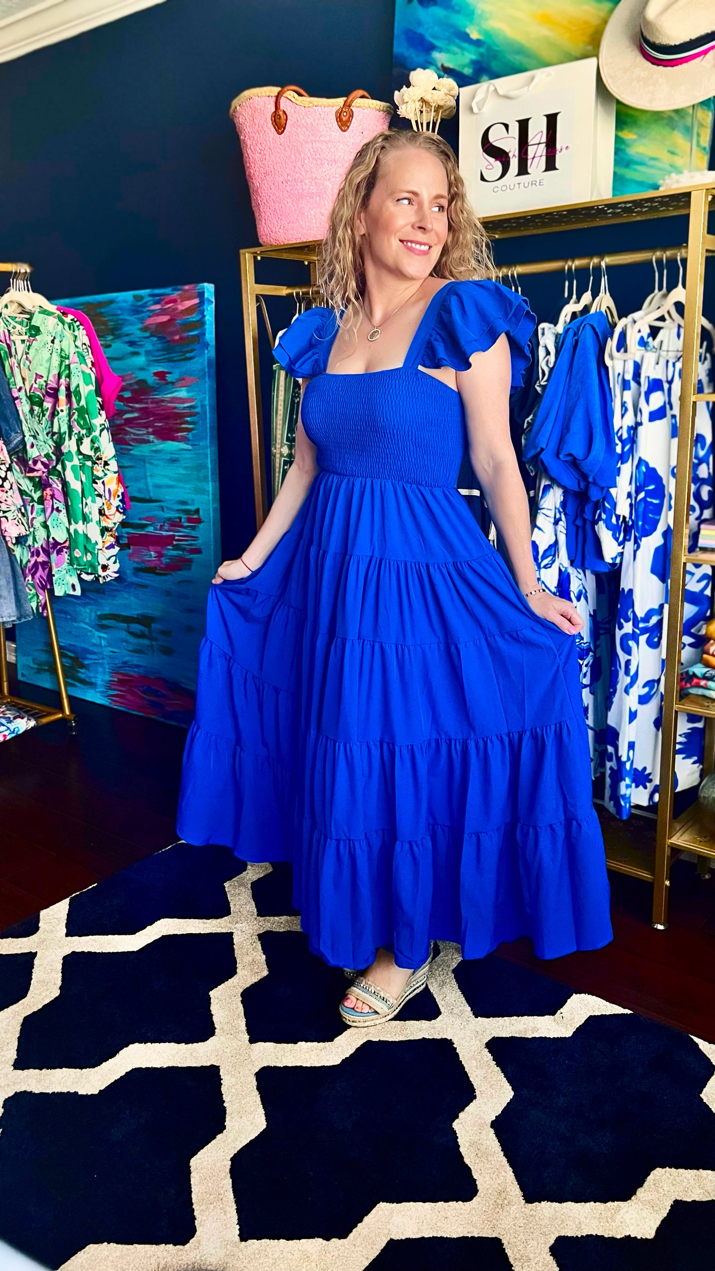 Presley Blue Ruffle Sleeve Tiered Dress