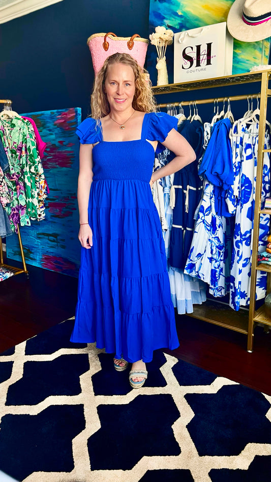blue ruffle sleeve tiered midi dress