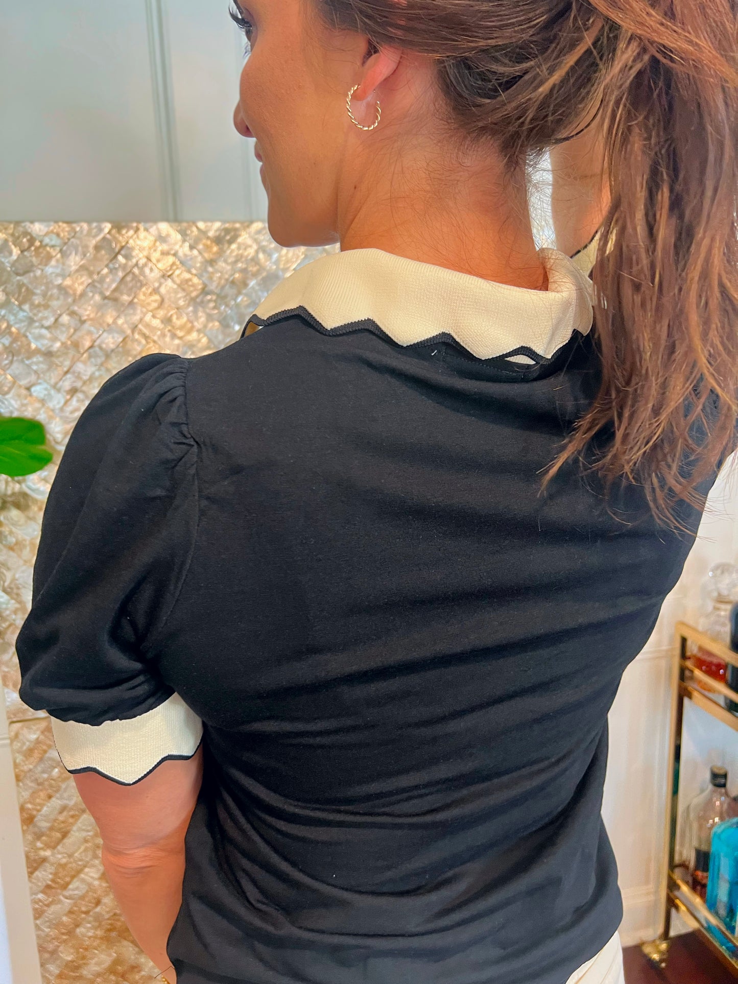 Monica Collared V Neck Puff Sleeve Blouse
