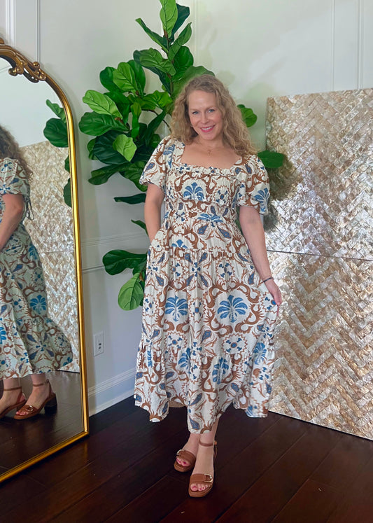 Sabrina Boho Tile Print Midi Dress