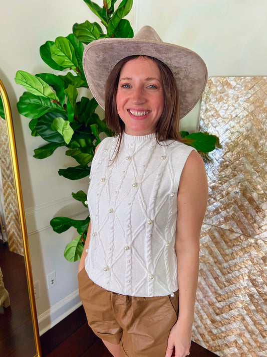 Laurel Pearled High Neck Textured Knit Sweater Vest