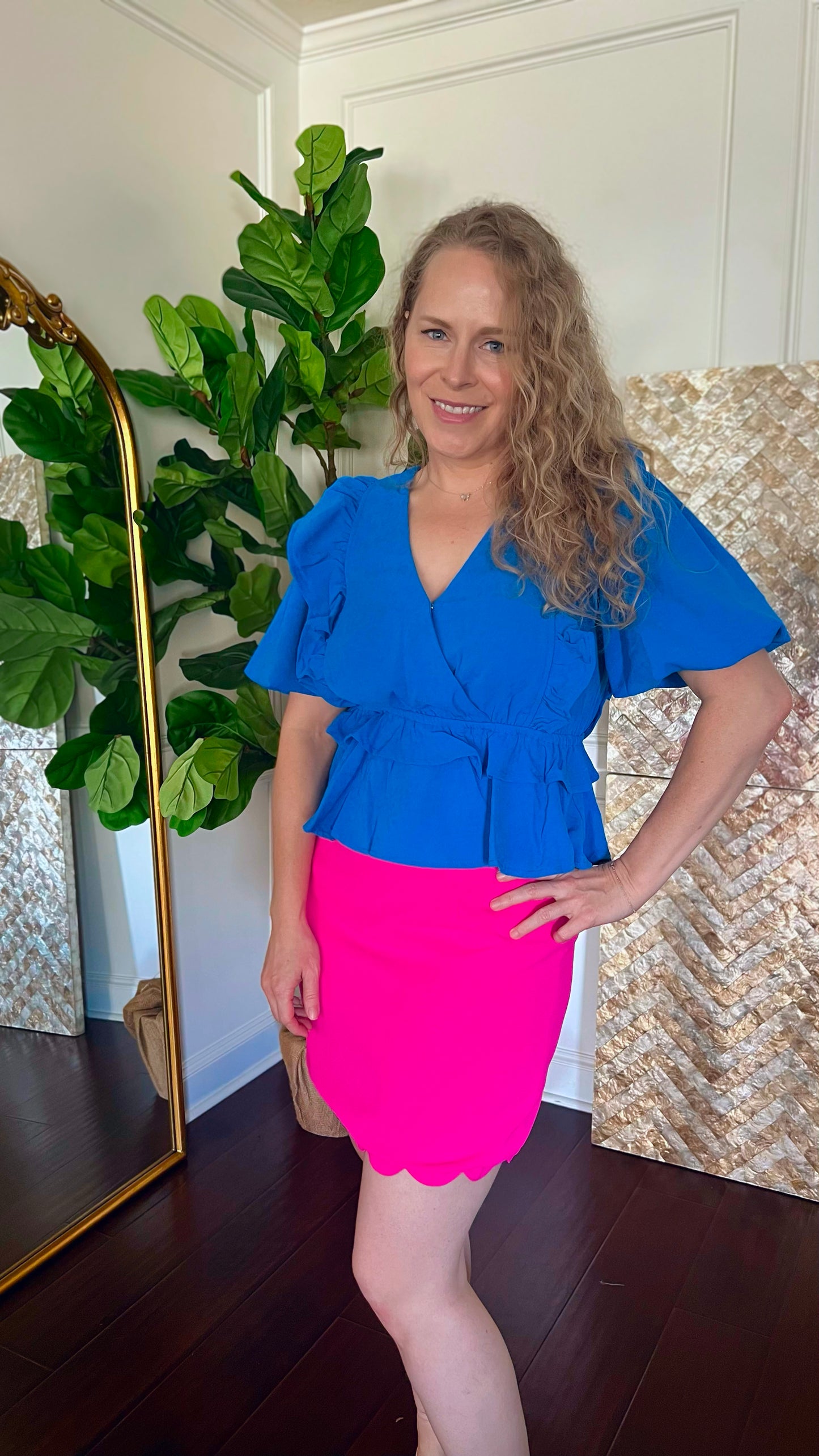 Ava ruffle sleeve peplum top blue