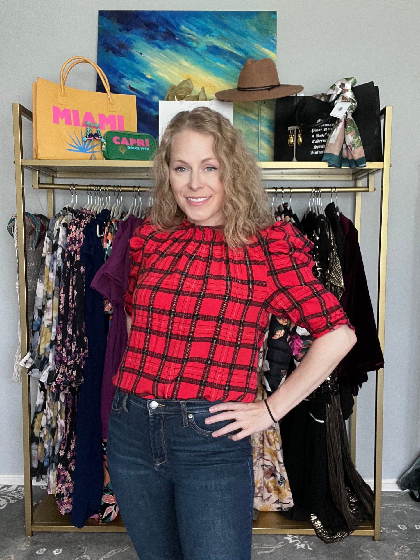 Blake Red Plaid Drape Sleeve Blouse