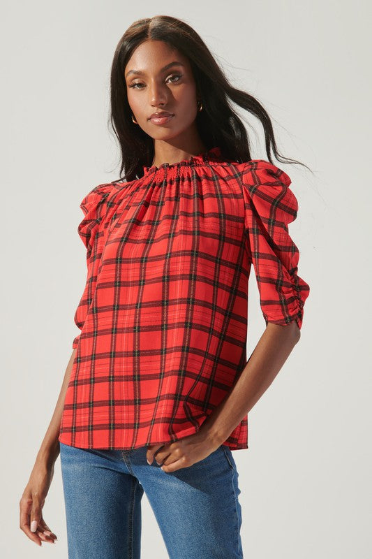 Puff Sleeve Plaid Blouse