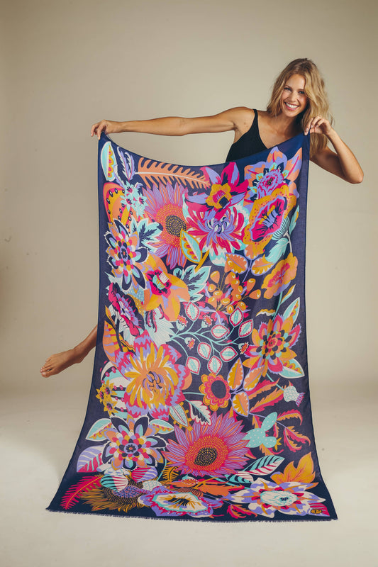 Print Fantasy Floral Scarf - Navy