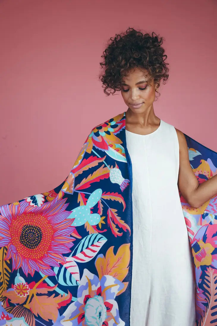 Print Fantasy Floral Scarf - Navy