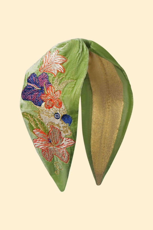 Velvet Embroidered Headband - Cockatoo in Sage